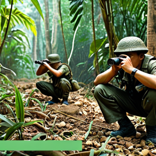 **

A group of Thai soldiers in a jungle setting, intensely focused on observing their surroundings. One soldier is using binoculars, while another is carefully examining the ground for tracks. Emphasize the details of their camouflage and the dense foliage. Style: Realistic, tactical, dramatic lighting.

**