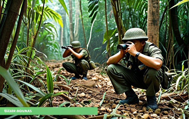 **

A group of Thai soldiers in a jungle setting, intensely focused on observing their surroundings. One soldier is using binoculars, while another is carefully examining the ground for tracks. Emphasize the details of their camouflage and the dense foliage. Style: Realistic, tactical, dramatic lighting.

**