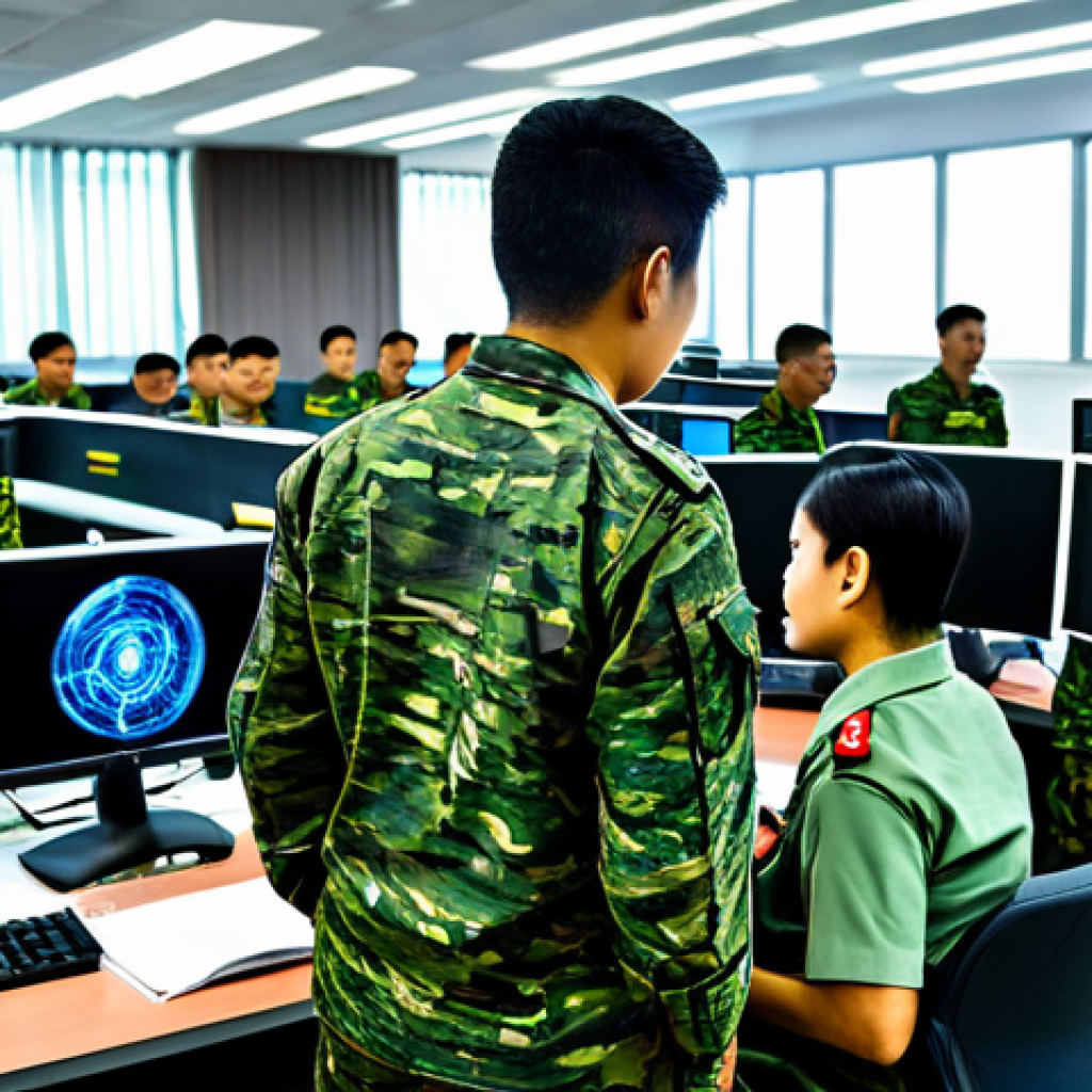 Cyber Security Training**

"A group of Thai army soldiers in a modern, brightly lit computer lab, fully clothed in standard military uniforms, attending a cyber security training session led by an instructor. The scene shows focused learning and teamwork. Appropriate content, safe for work, professional training environment, perfect anatomy, correct proportions, well-lit, family-friendly."

**