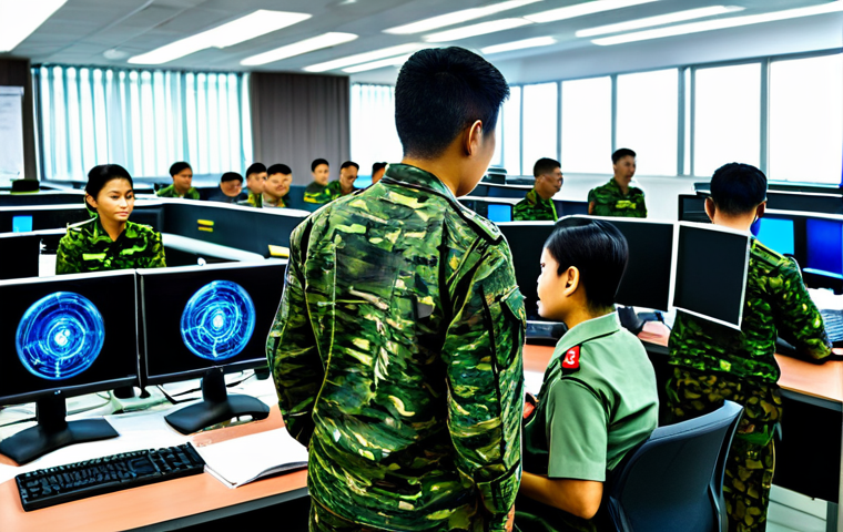 Cyber Security Training**

"A group of Thai army soldiers in a modern, brightly lit computer lab, fully clothed in standard military uniforms, attending a cyber security training session led by an instructor. The scene shows focused learning and teamwork. Appropriate content, safe for work, professional training environment, perfect anatomy, correct proportions, well-lit, family-friendly."

**