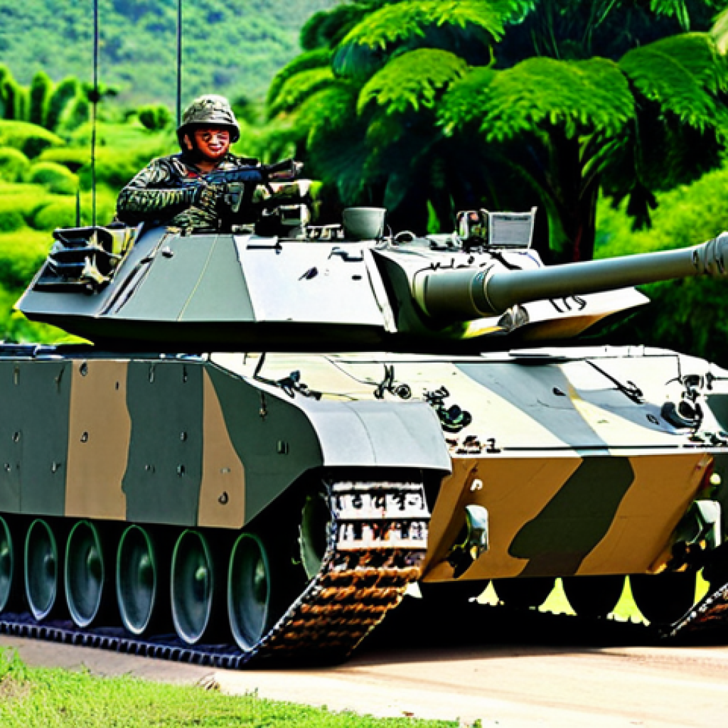 Modern Thai Armored Vehicle**

"A modern VT-4 main battle tank of the Royal Thai Army maneuvers through a training exercise in Lopburi province, Thailand. Tank is fully clothed in its camouflage paint scheme. Lush green vegetation surrounds the training ground. Perfect anatomy, correct proportions, natural pose, well-formed hands on any visible personnel. Professional military photograph, high quality, safe for work, appropriate content, fully clothed, professional."

**