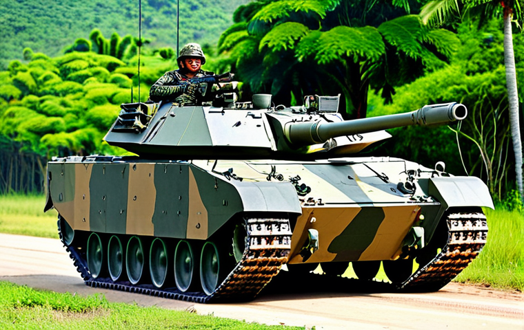 Modern Thai Armored Vehicle**

"A modern VT-4 main battle tank of the Royal Thai Army maneuvers through a training exercise in Lopburi province, Thailand. Tank is fully clothed in its camouflage paint scheme. Lush green vegetation surrounds the training ground. Perfect anatomy, correct proportions, natural pose, well-formed hands on any visible personnel. Professional military photograph, high quality, safe for work, appropriate content, fully clothed, professional."

**