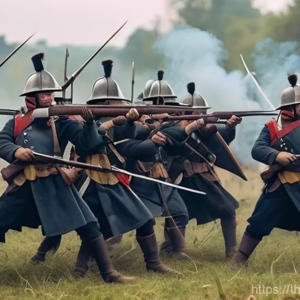 육군 보병 장비 발전사 - **Prompt: The Dawn of Firearms**
    A historical battlefield scene, depicting a dynamic transition ...