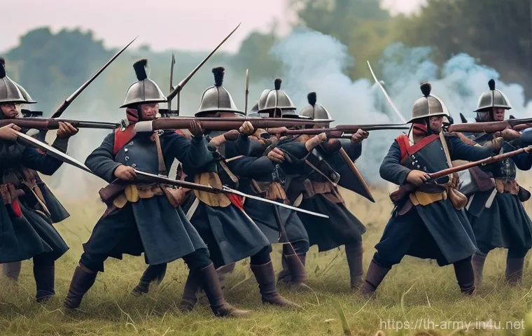 육군 보병 장비 발전사 - **Prompt: The Dawn of Firearms**
    A historical battlefield scene, depicting a dynamic transition ...