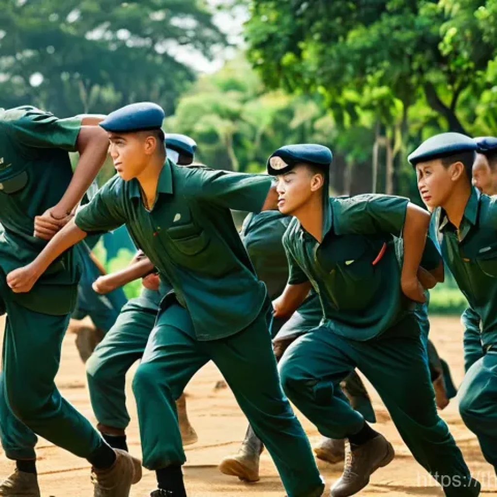육군 장교 후보생 과정 - **Prompt 1: Royal Thai Army Cadet Physical Training**
    A group of young male Royal Thai Army cade...