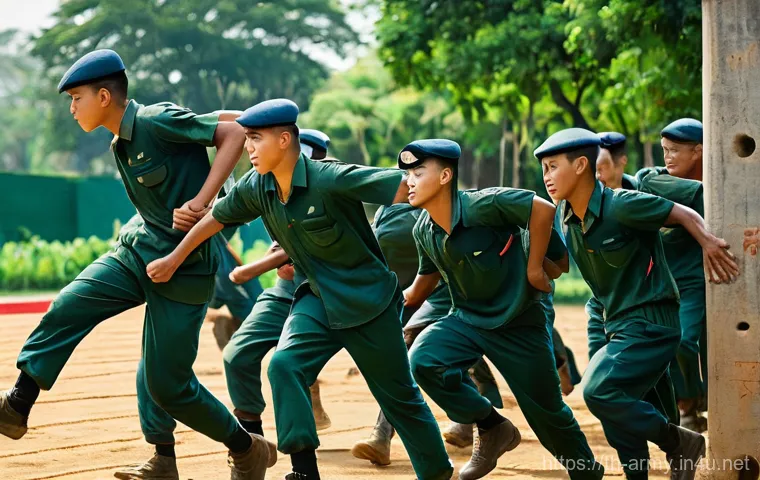 육군 장교 후보생 과정 - **Prompt 1: Royal Thai Army Cadet Physical Training**
    A group of young male Royal Thai Army cade...