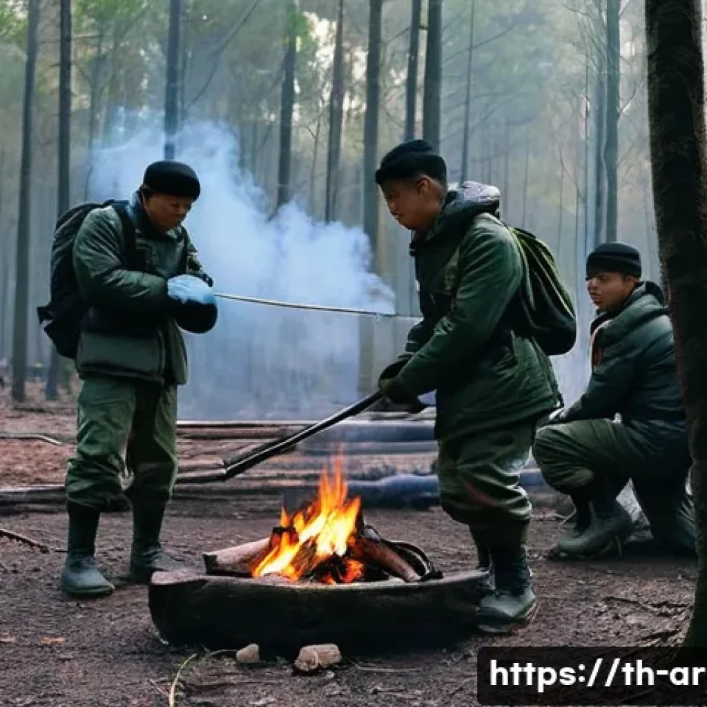 육군 동계 훈련 필수 팁 - **Prompt 1: Cold Weather Training in a Forest**
"A group of young Thai military trainees, approx...
