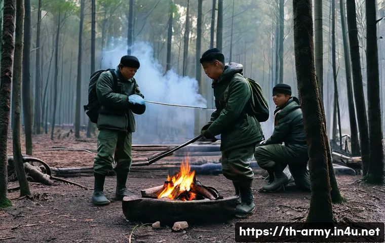 육군 동계 훈련 필수 팁 - **Prompt 1: Cold Weather Training in a Forest**
    "A group of young Thai military trainees, approx...