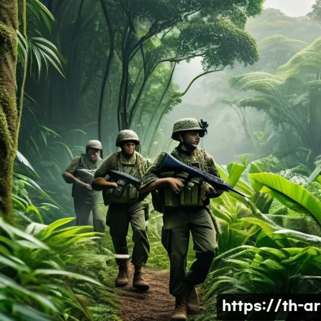 육군 전술 이동 방식 - Tactical military unit moving in formation through a dense tropical forest in Southeast Asia, soldie...