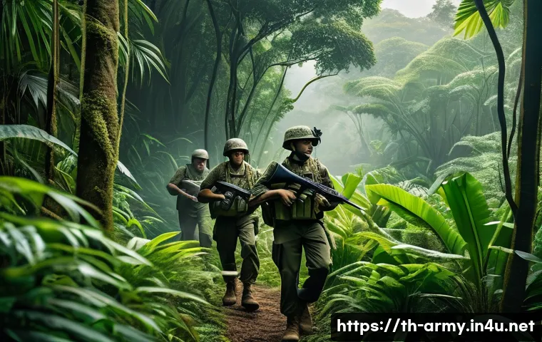 육군 전술 이동 방식 - Tactical military unit moving in formation through a dense tropical forest in Southeast Asia, soldie...