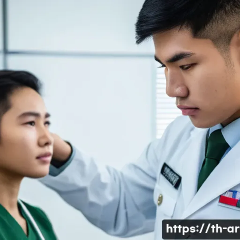 육군 장기 복무 조건 - A detailed scene depicting a young Thai male military recruit undergoing a comprehensive physical an...