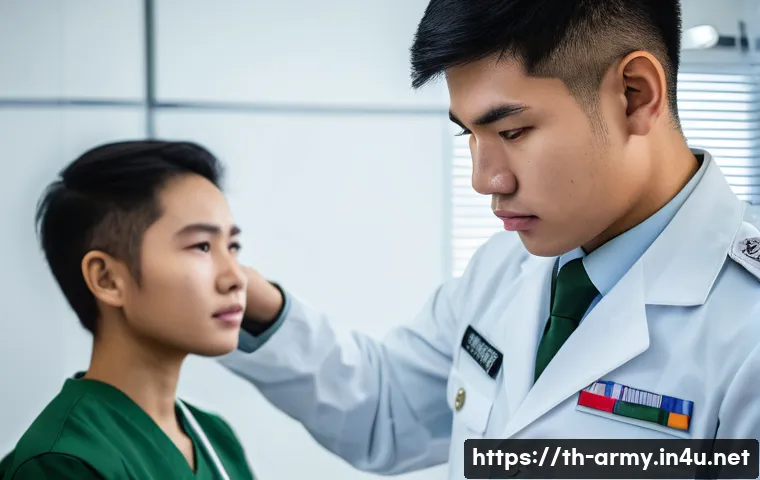 육군 장기 복무 조건 - A detailed scene depicting a young Thai male military recruit undergoing a comprehensive physical an...