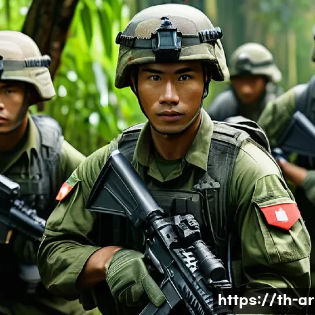 육군 전시 대비 훈련 - A detailed military training scene set in a lush Southeast Asian jungle environment, showing a diver...