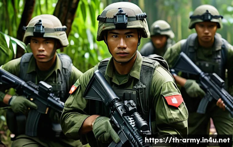 육군 전시 대비 훈련 - A detailed military training scene set in a lush Southeast Asian jungle environment, showing a diver...