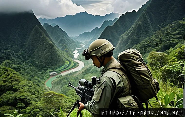 육군 전술 지형 분석 - A detailed military tactical scene showing soldiers in camouflage uniforms equipped with modern gear...
