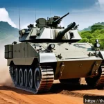 Home 20 육군 K9 자주포 성능 분석 - A highly detailed and realistic image of a K9 Thunder self-propelled howitzer moving swiftly across ...