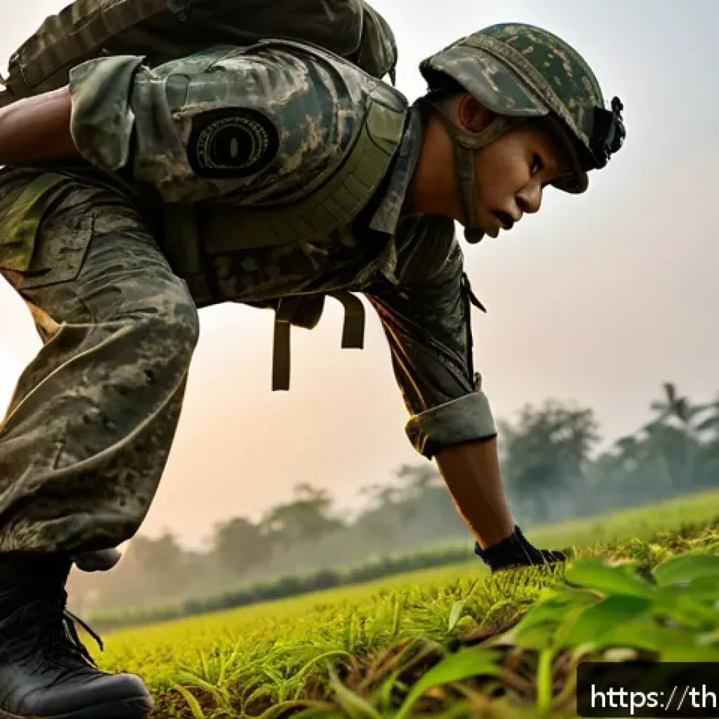 육군 전투 부대 생활 후기 - A disciplined Thai army infantry soldier in modern camouflage uniform and combat boots, conducting a...