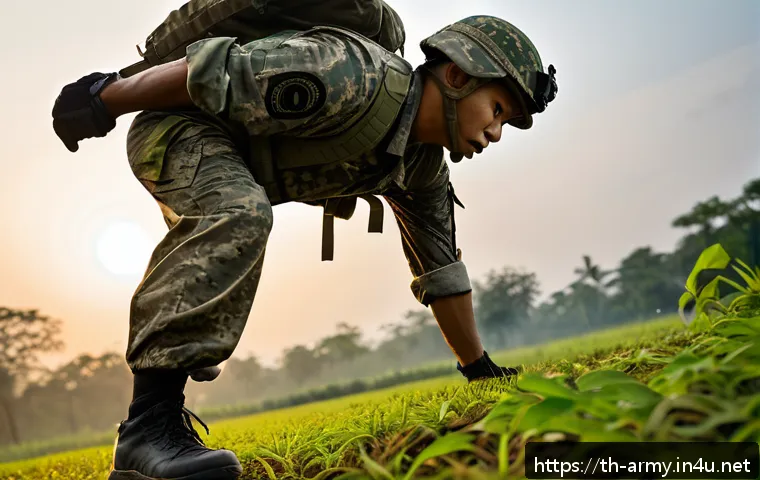 육군 전투 부대 생활 후기 - A disciplined Thai army infantry soldier in modern camouflage uniform and combat boots, conducting a...