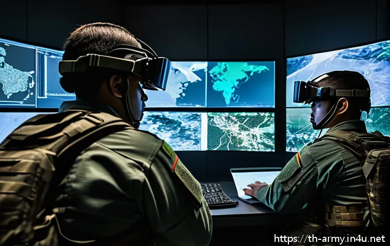 육군 군사훈련 시뮬레이션 - A highly detailed military training simulation room featuring soldiers wearing modern tactical gear ...