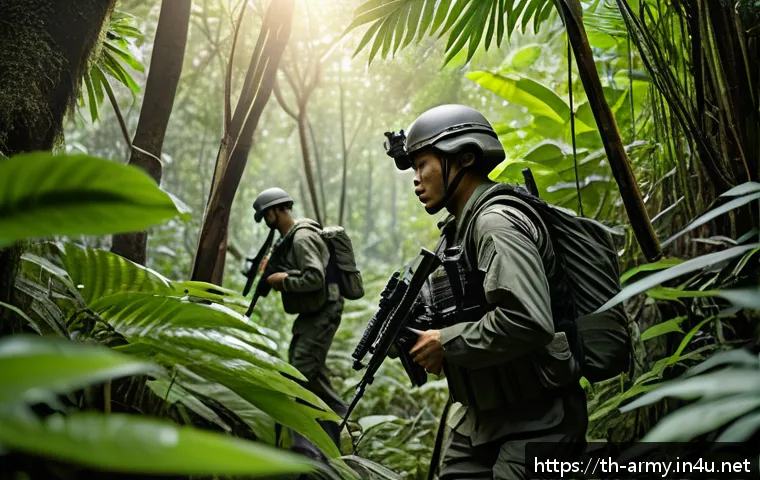 육군 특수부대 종류 및 임무 - A highly detailed scene depicting Thai special operations soldiers conducting a covert reconnaissanc...