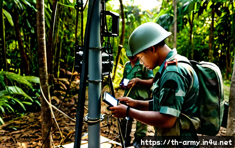 육군 야전 통신 체계 - Photorealistic Thai Army field communications team establishing a portable radio relay station in a ...