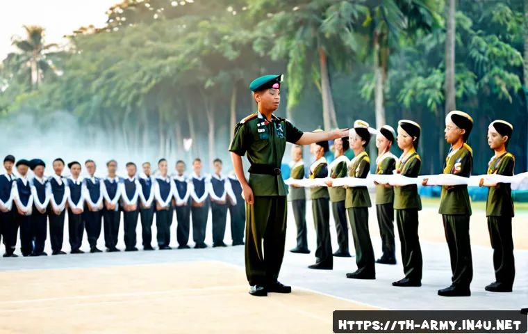 Home 17 육군 PT체조 동작 설명 - Photorealistic Thai army-style physical training demonstration at sunrise, a fit adult male instruct...