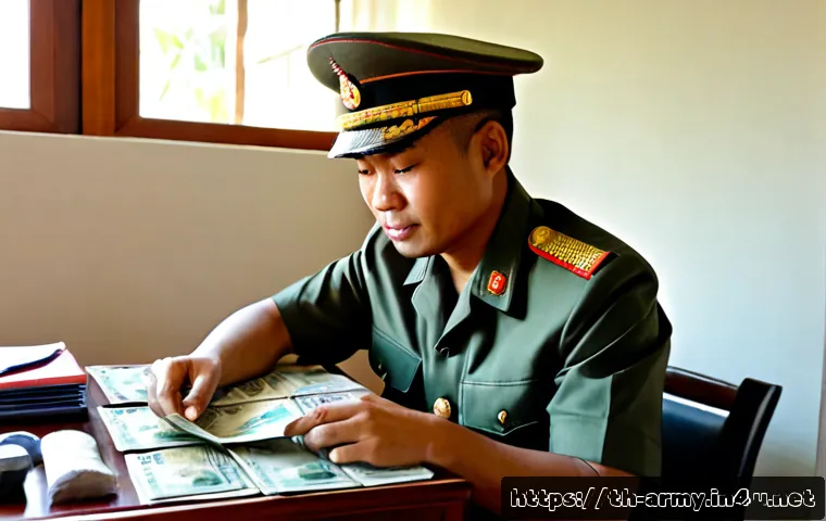 육군 병장 월급 및 혜택 - Photorealistic Thai senior enlisted soldier in a neat olive military uniform, seated at a clean home...