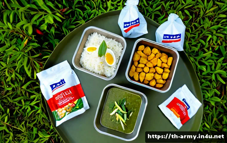 육군 전투식량 종류 및 맛 - Photorealistic overhead comparison of Thai-style military field ration meal components arranged neat...