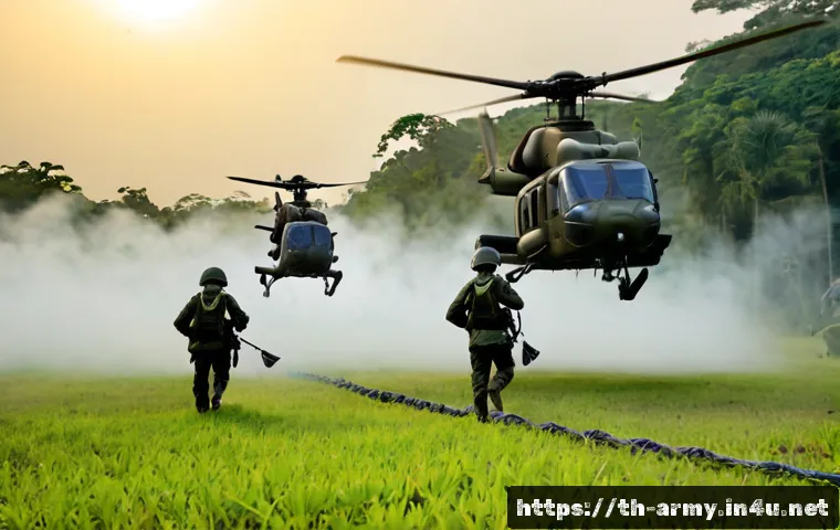 육군 공중 강습 작전 - Photorealistic Thai Army-style air assault training at sunrise, unmarked military transport helicopt...